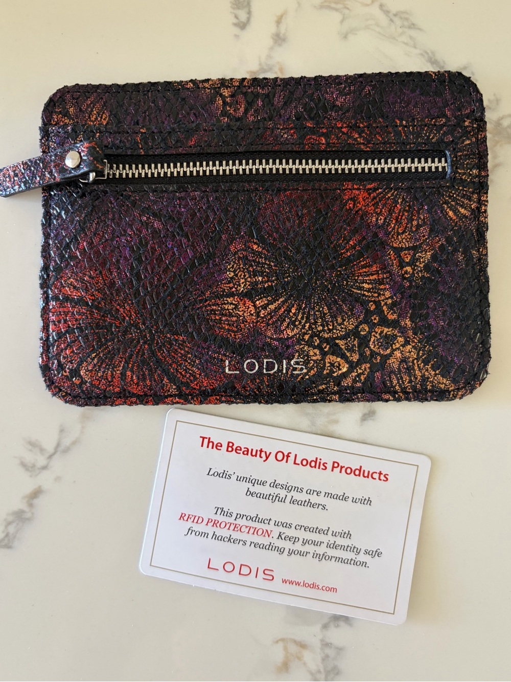 NEW LODIS METALLIC SNAKESKIN LEATHER CARD CASE MINI WALLET CLUTCH RFID